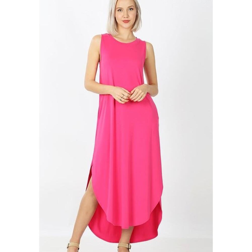 Side Slit Maxi Dress With Pockets-Hot Pink